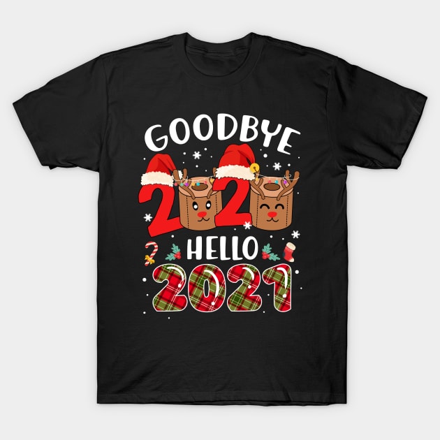 Goodbye 2020 Hello 2021 Santa's Hat Candy Cane Snowflakes Reindeer Face Mask Gift Christmas & Happy New Year 2021 T-Shirt by mittievance